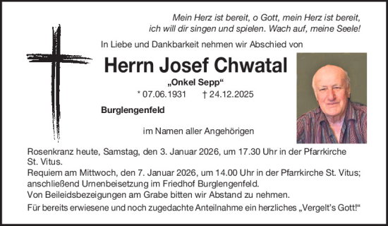 Traueranzeige von Josef Chwatal von Mittelbayerische Zeitung Schwandorf