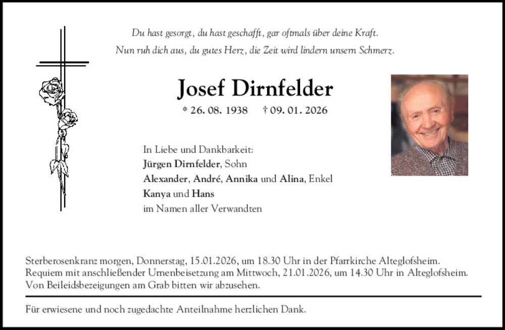  Traueranzeige für Josef Dirnfelder vom 14.01.2026 aus Mittelbayerische Zeitung Regensburg