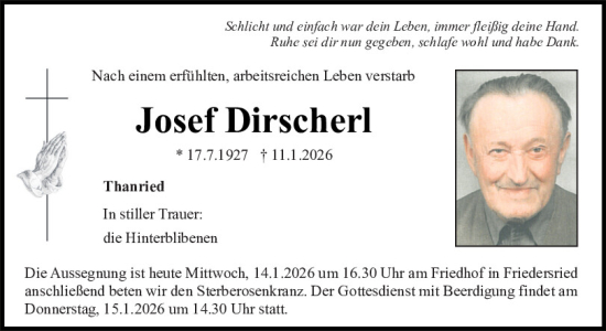 Traueranzeige von Josef Dirscherl von Bayerwald Echo, Mittelbayerische Zeitung Schwandorf