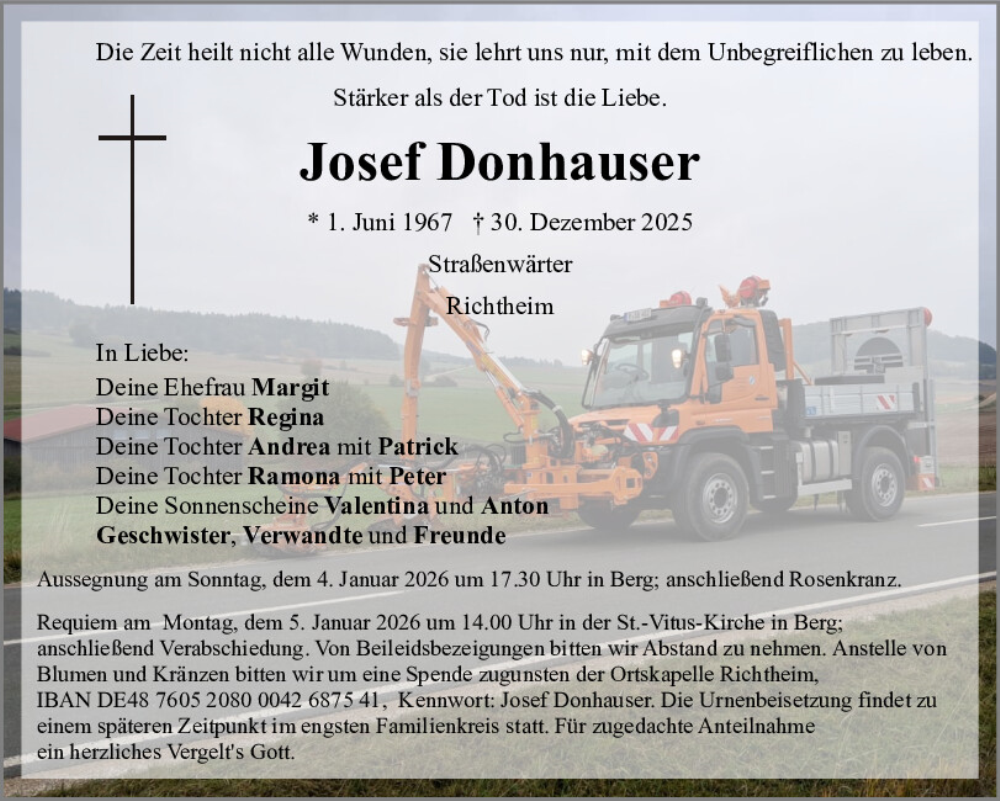  Traueranzeige für Josef Donhauser vom 03.01.2026 aus Neumarkter Tagblatt
