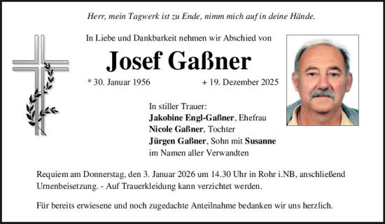 Traueranzeige von Josef Gaßner von Mittelbayerische Zeitung Kelheim