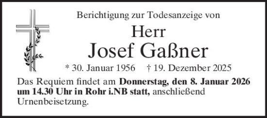 Traueranzeige von Josef Gaßner von Mittelbayerische Zeitung Kelheim