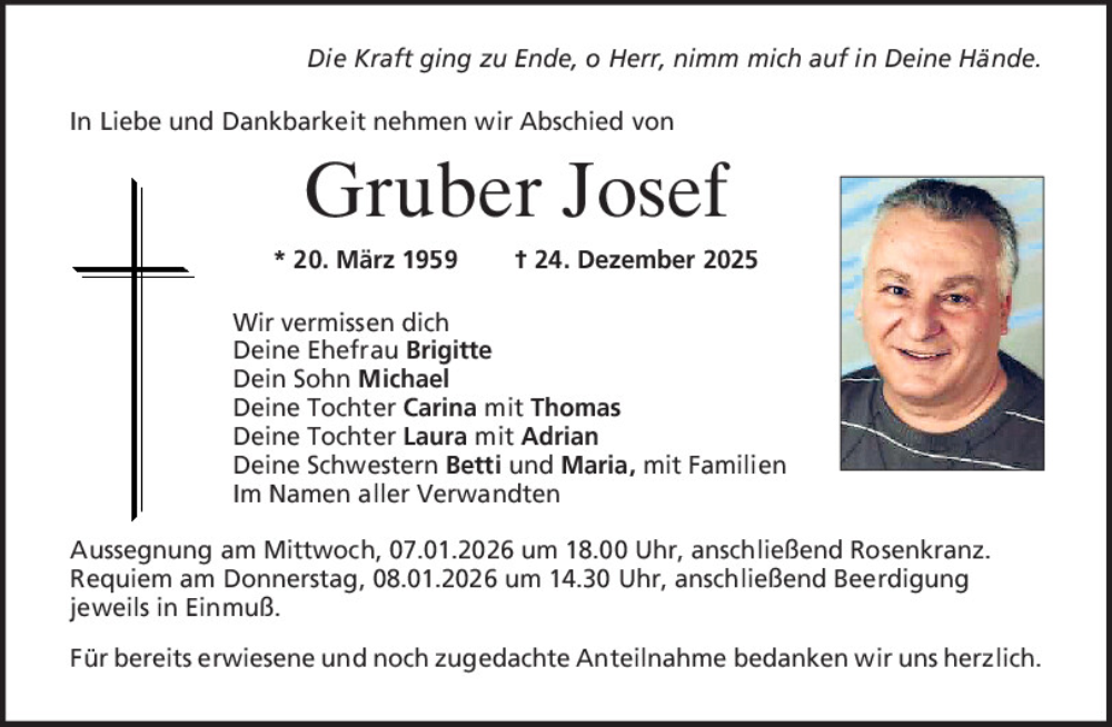  Traueranzeige für Josef Gruber vom 06.01.2026 aus Mittelbayerische Zeitung Kelheim