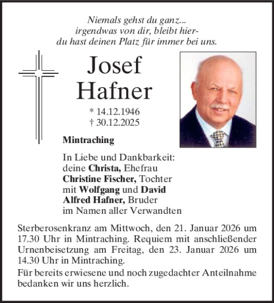 Traueranzeige von Josef Hafner von Mittelbayerische Zeitung Regensburg