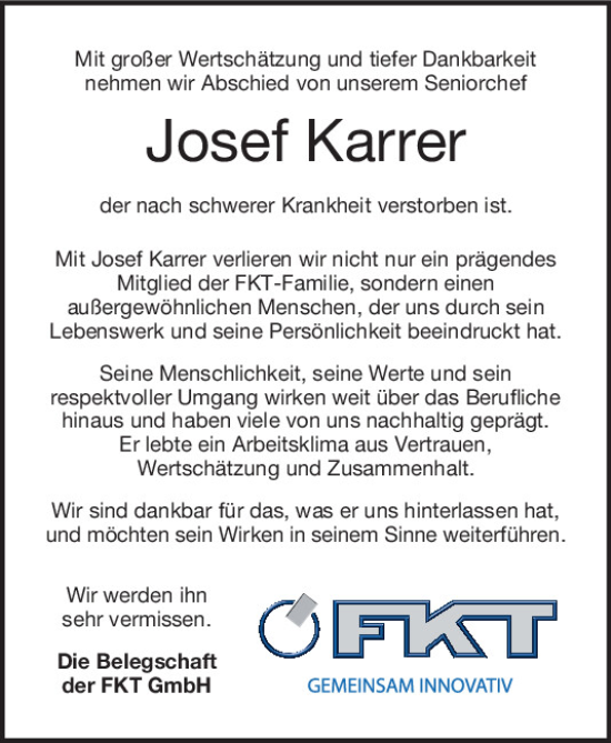 Traueranzeige von Josef Karrer von Mittelbayerische Zeitung Kelheim