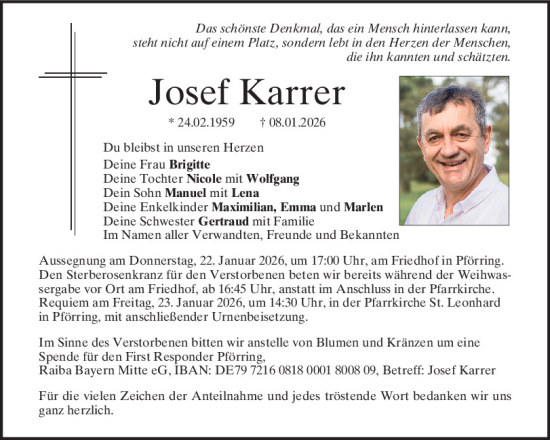 Traueranzeige von Josef Karrer von Mittelbayerische Zeitung Kelheim