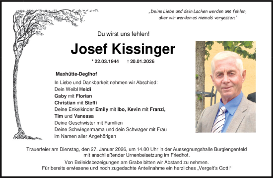Traueranzeige von Josef Kissinger von Mittelbayerische Zeitung Schwandorf