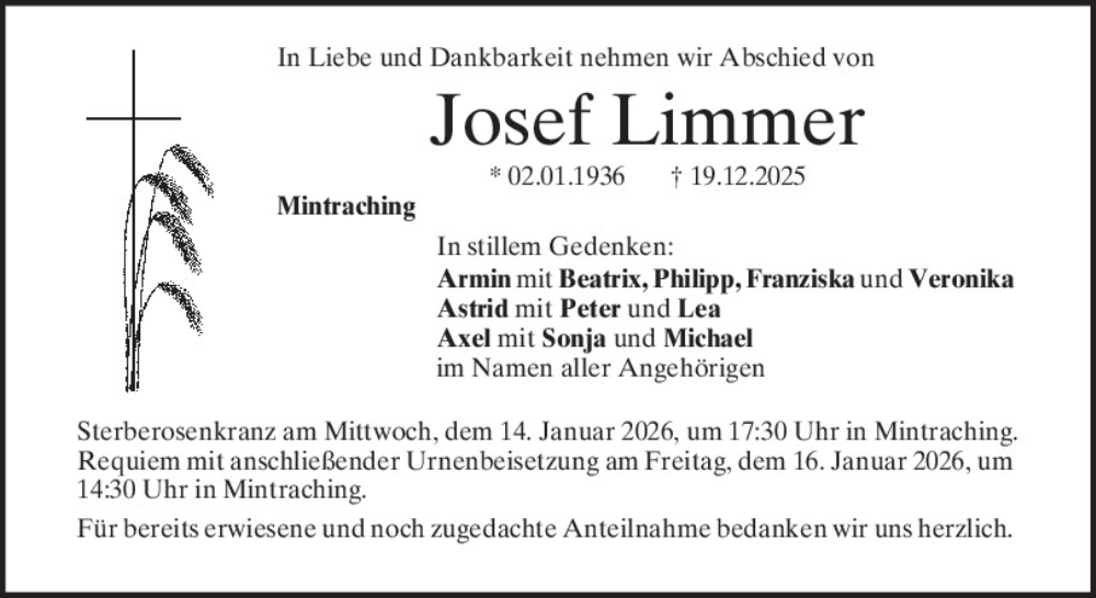  Traueranzeige für Josef Limmer vom 10.01.2026 aus Mittelbayerische Zeitung Regensburg