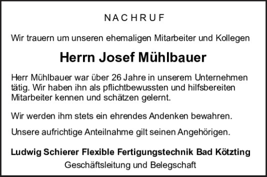 Traueranzeige von Josef Mühlbauer von Bayerwald Echo