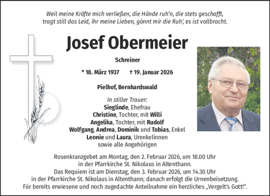 Traueranzeige von Josef Obermeier von Mittelbayerische Zeitung Regensburg