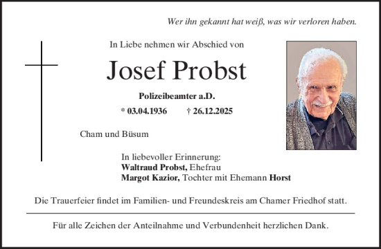 Traueranzeige von Josef Probst von Bayerwald Echo