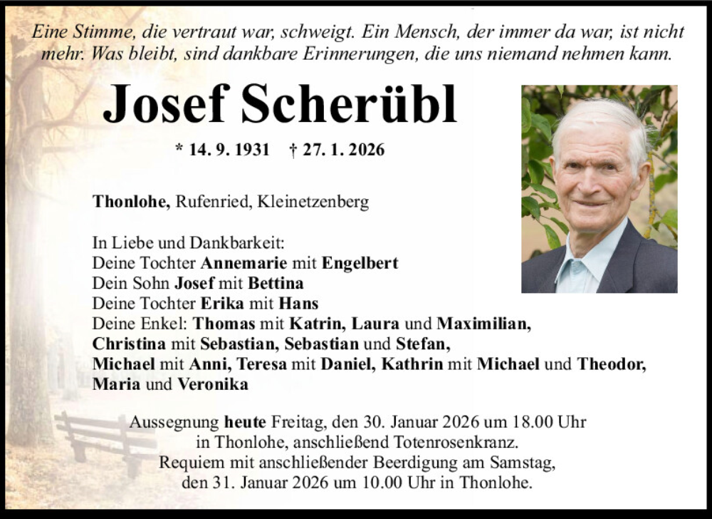  Traueranzeige für Josef Scherübl vom 30.01.2026 aus Mittelbayerische Zeitung Regensburg