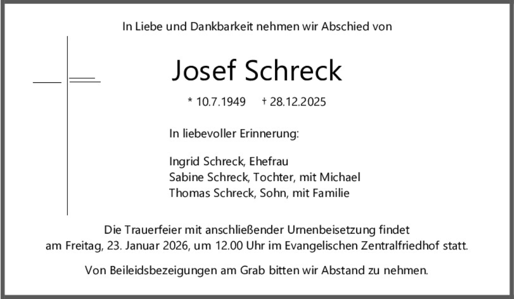  Traueranzeige für Josef Schreck vom 17.01.2026 aus Mittelbayerische Zeitung Regensburg
