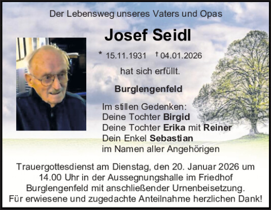 Traueranzeige von Josef Seidl von Mittelbayerische Zeitung Schwandorf