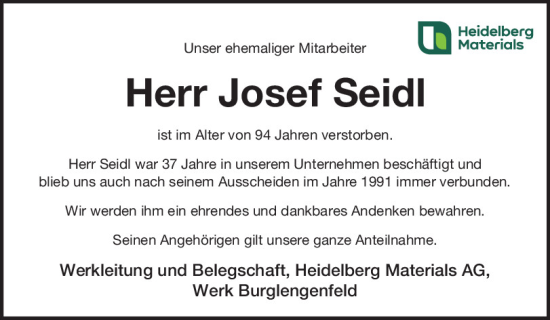Traueranzeige von Josef Seidl von Mittelbayerische Zeitung Schwandorf
