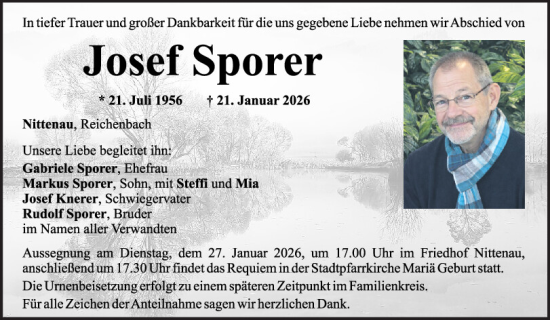 Traueranzeige von Josef Sporer von Mittelbayerische Zeitung Schwandorf
