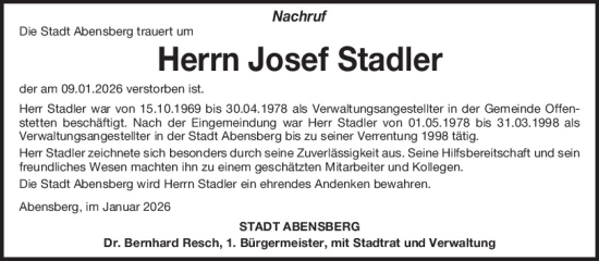 Traueranzeige von Josef Stadler von Mittelbayerische Zeitung Kelheim