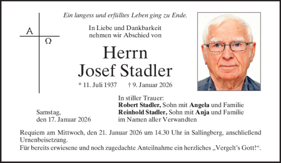 Traueranzeige von Josef Stadler von Mittelbayerische Zeitung Kelheim