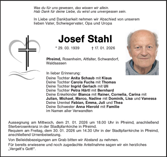 Traueranzeige von Josef Stahl von Mittelbayerische Zeitung Schwandorf