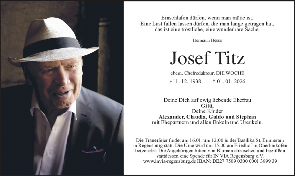  Traueranzeige für Josef Titz vom 10.01.2026 aus Mittelbayerische Zeitung Regensburg