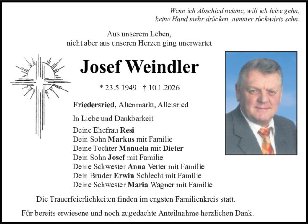  Traueranzeige für Josef Weindler vom 17.01.2026 aus Bayerwald Echo