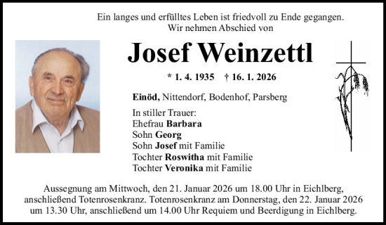 Traueranzeige von Josef Weinzettl von Mittelbayerische Zeitung Regensburg