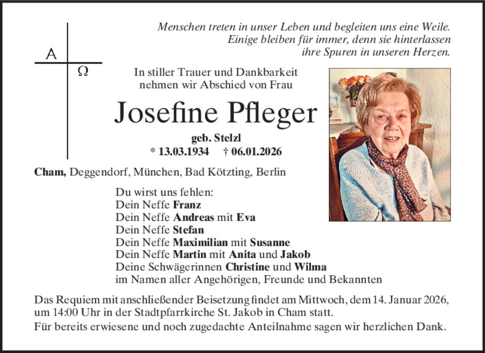  Traueranzeige für Josefine Pfleger vom 10.01.2026 aus Bayerwald Echo