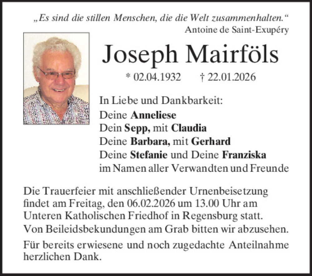  Traueranzeige für Joseph Mairföls vom 31.01.2026 aus Mittelbayerische Zeitung Regensburg