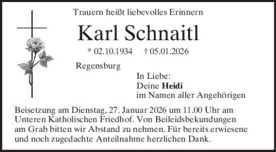 Traueranzeige von Karl Schnaitl von Mittelbayerische Zeitung Regensburg