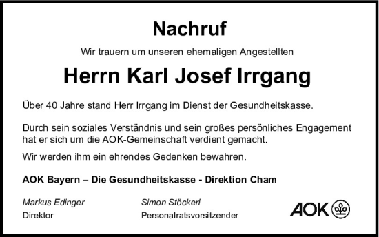 Traueranzeige von Karl Josef Irrgang von Bayerwald Echo
