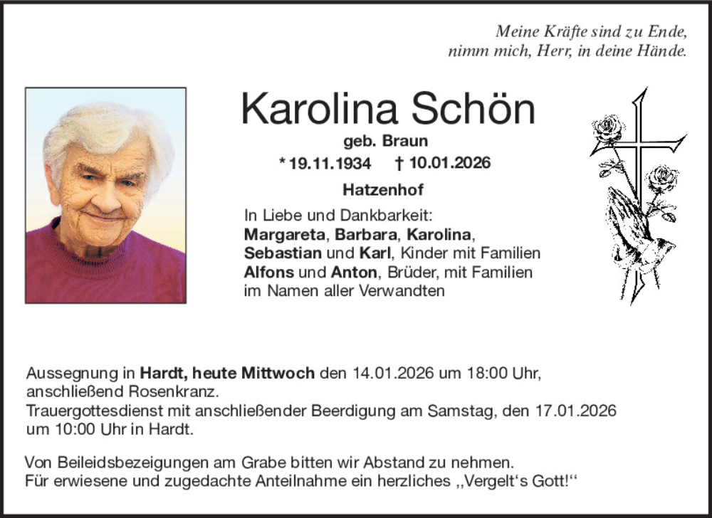  Traueranzeige für Karolina Schön vom 14.01.2026 aus Neumarkter Tagblatt