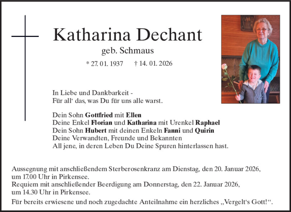  Traueranzeige für Katharina Dechant vom 17.01.2026 aus Mittelbayerische Zeitung Schwandorf