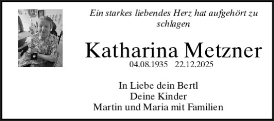 Traueranzeige von Katharina Metzner von Mittelbayerische Zeitung Regensburg