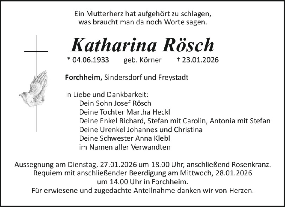  Traueranzeige für Katharina Rösch vom 24.01.2026 aus Neumarkter Tagblatt