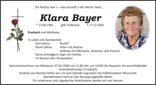 Traueranzeige von Klara Bayer von Neumarkter Tagblatt