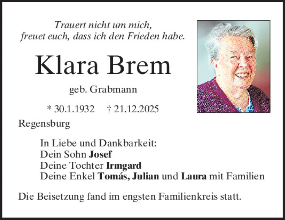  Traueranzeige für Klara Brem vom 10.01.2026 aus Mittelbayerische Zeitung Regensburg