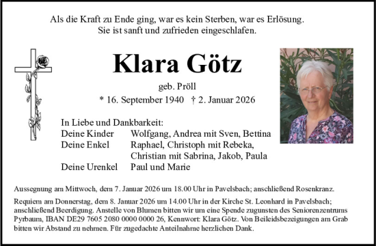 Traueranzeige von Klara Götz von Neumarkter Tagblatt