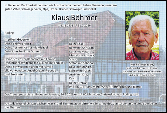 Traueranzeige von Klaus Böhmer von Bayerwald Echo
