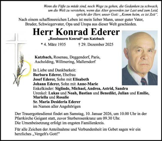 Traueranzeige von Konrad Ederer von Bayerwald Echo
