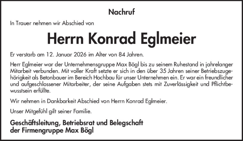  Traueranzeige für Konrad Eglmeier vom 24.01.2026 aus Neumarkter Tagblatt