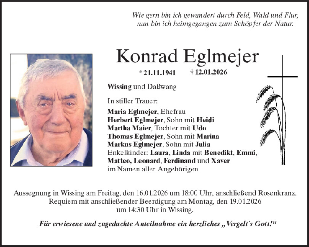  Traueranzeige für Konrad Eglmejer vom 15.01.2026 aus Neumarkter Tagblatt
