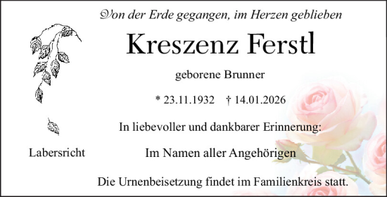 Traueranzeige von Kreszenz Ferstl von Neumarkter Tagblatt
