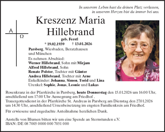 Traueranzeige von Kreszenz Maria Hillebrand von Neumarkter Tagblatt