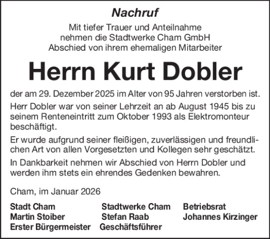 Traueranzeige von Kurt Dobler von Bayerwald Echo