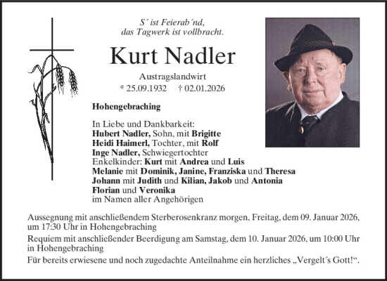 Traueranzeige von Kurt Nadler von Mittelbayerische Zeitung Regensburg