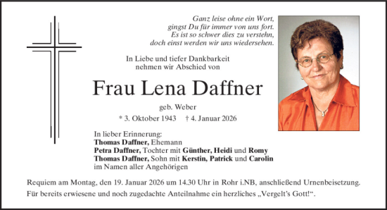 Traueranzeige von Lena Daffner von Mittelbayerische Zeitung Kelheim