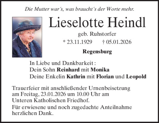 Traueranzeige von Lieselotte Heindl von Mittelbayerische Zeitung Regensburg