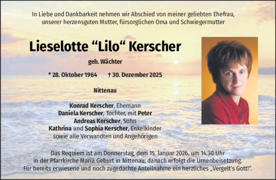 Traueranzeige von Lieselotte Kerscher von Mittelbayerische Zeitung Schwandorf, Mittelbayerische Zeitung Regensburg, Bayerwald Echo