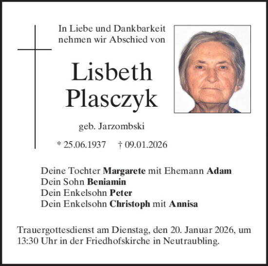 Traueranzeige von Lisbeth Plasczyk von Mittelbayerische Zeitung Regensburg