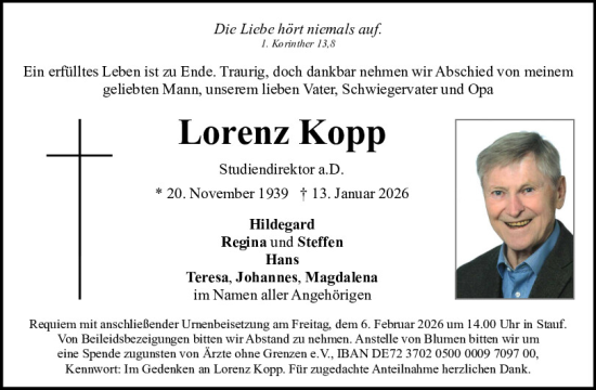 Traueranzeige von Lorenz Kopp von Neumarkter Tagblatt